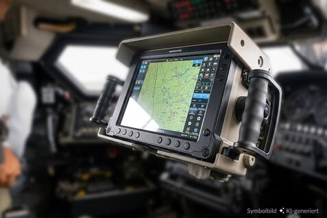 Auf dem Bild ist ein elektronisches Navigationsgerät mit einem Kartendisplay in einem Cockpit zu sehen.