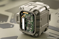 Auf dem Bild ist ein kompaktes, stabiles Gehäuse zu sehen, das eine elektronische Platine enthält.