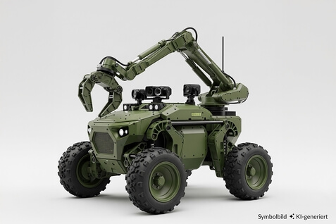 Auf dem Bild ist ein militärischer Roboterfahrzeug mit einem langen Arm und Kameras zu sehen.